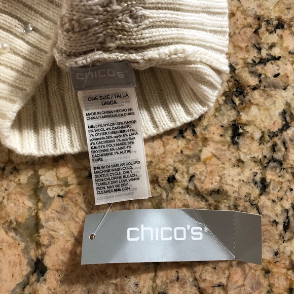NWT CHICO’S PEARL & RHINESTONE Cable Knit Beanie Hat Cashmere Ombré skullcap - Picture 2 of 5